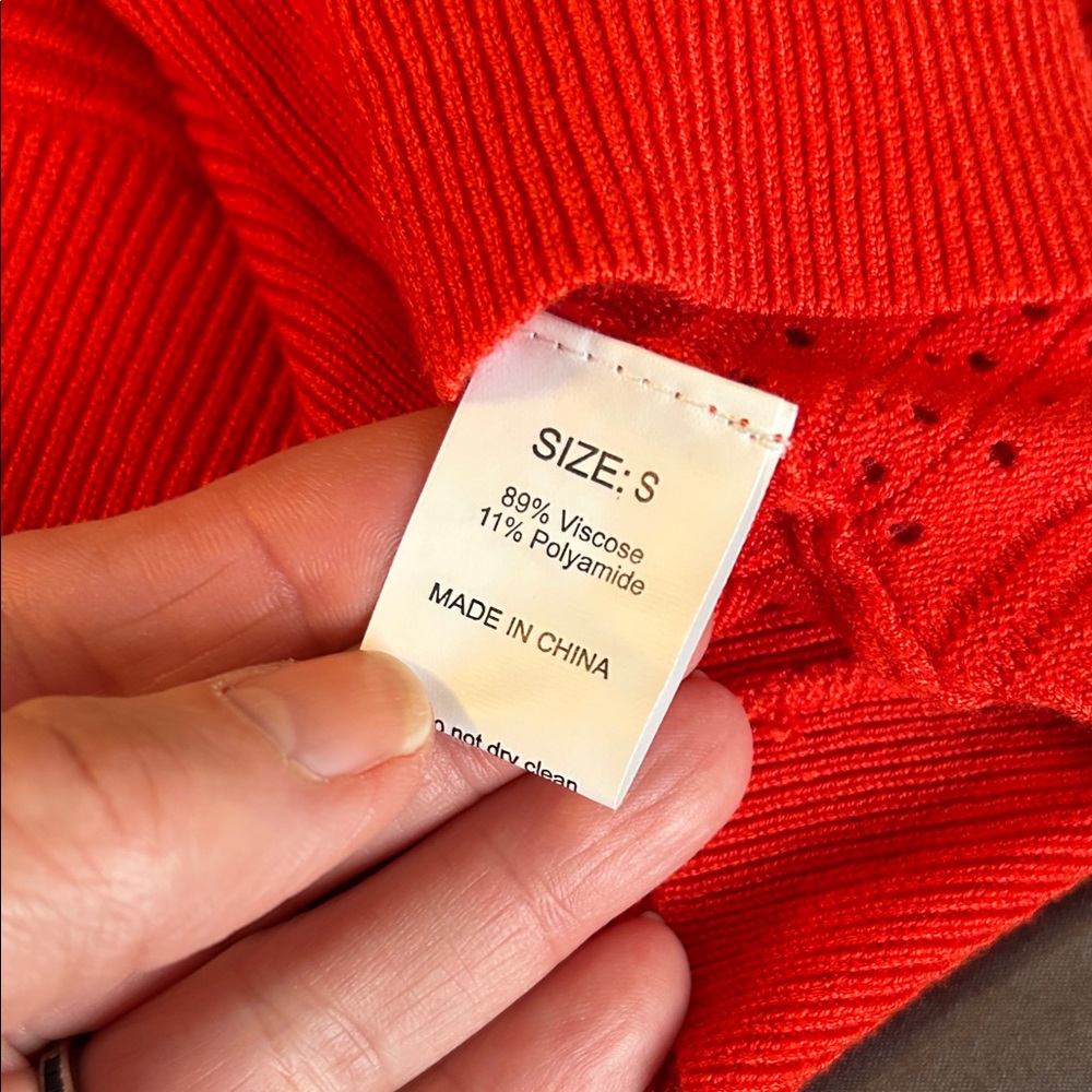 Vibrant Red Orange Knit Crochet Pointelle Sweater NEW Ruffle Hem S Romantic Crew - Picture 6 of 7